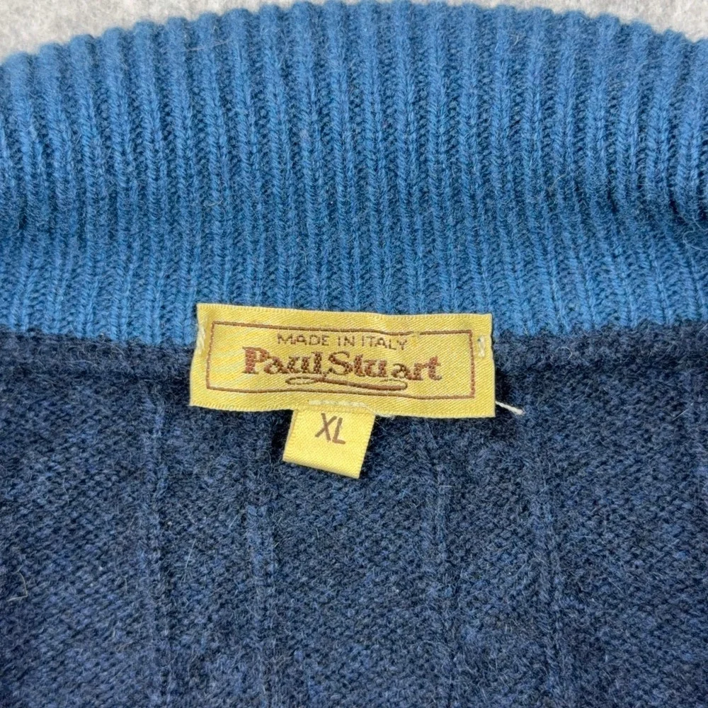 Paul Stuart 100% Cashmere Sweater Mens XL 1/4 Zip Cable Knit Blue Made in Italy